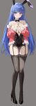  1girl absurdres animal_ears arcana_(nikke) ass_visible_through_thighs bare_shoulders black_bow black_bowtie black_garter_straps black_leotard black_thighhighs blue_eyes blue_hair blush bow bowtie breasts cleavage commentary_request detached_collar fake_animal_ears fishnet_thighhighs fishnets full_body garter_straps goddess_of_victory:_nikke hair_ornament high_heels highres jacket keystone_(costone) large_breasts leotard long_hair looking_at_viewer open_clothes open_jacket pink_jacket playboy_bunny rabbit_ears simple_background solo thighhighs very_long_hair white_wrist_cuffs wrist_cuffs 