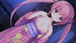  1girl black_ribbon blush breasts collarbone dutch_angle flower game_asset hair_between_eyes hair_flower hair_ornament hair_ribbon hairclip japanese_clothes kimono koi_ni_kanmi_o_soete long_hair looking_at_viewer miyasaka_miyu miyasaka_naco night nipples niwasaka_rira obi open_clothes parted_lips pink_flower pink_hair pink_kimono purple_eyes ribbon sash small_breasts solo twintails very_long_hair wide_sleeves yukata 