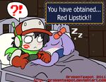  bed black_hair blush brokenteapot cave_story chaco duo female hair hair_bow hat humor kissing lagomorph lipstick lipstick_mark male mammal mimiga morning_after quote quote_(cave_story) shocked sleeping straight video_games 