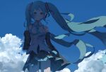  1girl arm_at_side arm_behind_back black_skirt black_sleeves blue_eyes blue_hair blue_necktie blue_sky blush closed_mouth cloud collared_shirt commentary_request cowboy_shot day detached_sleeves dot_mouth expressionless floating_hair hair_ornament hatsune_miku headphones highres letterboxed long_hair long_sleeves looking_at_viewer miniskirt necktie number_tattoo outdoors pleated_skirt shirt shoulder_tattoo skirt sky sleeveless sleeveless_shirt solo standing straight-on tattoo twintails very_long_hair vocaloid white_shirt yuyufufu 