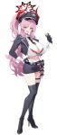  1girl absurdres alternate_costume black_boots black_gloves black_necktie black_skirt blue_archive boots bra bra_peek bra_visible_through_clothes breasts brown_eyes cleavage commentary demon_girl demon_horns fangs full_body gloves halo hand_on_own_hip hat high_heel_boots high_heels high_ponytail highres holding holding_microphone horns large_breasts long_hair looking_at_viewer microphone military_hat multicolored_horns navel necktie od_sey open_mouth pink_hair ponytail red_bra red_halo red_horns satsuki_(blue_archive) simple_background skirt smile solo standing thigh_boots two-tone_horns underwear white_background 