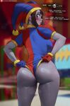  1girl adjusting_clothes ass asymmetrical_gloves blue_eyes blue_gloves blue_hat blue_jumpsuit blurry blurry_background blush blush_stickers breasts brown_hair caine_(the_amazing_digital_circus) commentary gloves hat highres jester jester_cap jester_costume jumpsuit large_breasts looking_back mismatched_gloves multicolored_eyes open_mouth oroborus pomni_(the_amazing_digital_circus) red_eyes red_gloves red_hat red_jumpsuit short_sleeves solo split-color_clothes striped_clothes striped_headwear sweat teeth the_amazing_digital_circus thighs two-tone_jumpsuit upper_teeth_only vertical-striped_clothes vertical-striped_headwear 