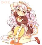  animal_ears blush cake cat_ears cat_tail cup dojikko dress food fork hair_ribbon hairband highres long_hair mahou_shoujo_madoka_magica mahou_shoujo_madoka_magica_movie maid_headdress mary_janes momoe_nagisa pink_hair polka_dot polka_dot_dress red_eyes ribbon shoes sitting socks solo tail tea teacup tears tray two_side_up wariza wrist_cuffs yutsumoe 