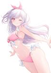  1girl :q absurdres bare_arms bare_shoulders bikini bow bow_hairband breasts cleavage closed_mouth commentary_request commission cowboy_shot dot_nose floating_hair frilled_bikini frills front-tie_bikini_top front-tie_top hairband highres indie_virtual_youtuber kurage_cc legs_together licking_lips long_hair looking_at_viewer medium_breasts navel one_eye_closed open_hand outdoors outstretched_arms pink_bikini pink_bow pink_eyes pink_hair pink_hairband purple_hair side-tie_bikini_bottom simple_background skeb_commission smile solo standing stomach swept_bangs swimsuit tongue tongue_out very_long_hair virtual_youtuber white_background yuimaru_(vtuber) 