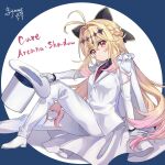  1girl antenna_hair blonde_hair breasts cape commentary_request cosplay cure_arcana_shadow formal_clothes gloves hair_intakes hat highres jacket kaitou_kid kaitou_kid_(cosplay) long_hair long_sleeves looking_at_viewer marimari2793 meitantei_conan meitantei_precure! moria_luluka multicolored_hair necktie precure purple_eyes red_necktie shirt solo suit top_hat tuxedo white_cape white_gloves white_hat white_jacket white_suit 
