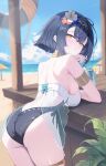  1girl absurdres amber_(ease_into_an_unhurried_summer)_(stella_sora) amber_(stella_sora) armlet ass back bare_back bare_shoulders beach beach_umbrella black_hair black_one-piece_swimsuit blue_sky blunt_ends blurry breasts cleavage closed_mouth clothing_cutout commentary cup day depth_of_field drink drinking_glass drinking_straw flower food from_behind fruit gold_armlet hair_between_eyes hair_flower hair_in_own_mouth hair_intakes hair_ornament head_tilt headband highleg highleg_one-piece_swimsuit highres jewelry large_breasts leaning_forward lemon lemon_slice lens_flare lifebuoy looking_at_viewer looking_back median_furrow night_known ocean official_alternate_costume one-piece_swimsuit outdoors plant see-through_clothes short_hair shoulder_blades side-tie_one-piece_swimsuit sideboob sidelocks sky solo stella_sora sunlight swim_ring swimsuit thighs turning_head two-tone_one-piece_swimsuit umbrella underboob underboob_cutout water_drop wet yellow_eyes 