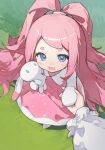  1girl 1other :d absurdres blue_eyes blush_stickers chi_chi_(lofter_2016543390) child chinese_commentary commentary dress full_body grass high_ponytail highres holding holding_stuffed_toy looking_at_viewer looking_up no_hands open_mouth pink_dress pink_hair ponytail pov pov_hands puffy_sleeves roco_kingdom roco_kingdom:_world short_eyebrows smile solo_focus split_ponytail stuffed_animal stuffed_toy xueying_wawa_(roco_kingdom:_world) 