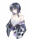  1girl bare_shoulders black_gloves black_hair black_hat black_kimono breasts bukejie butterfly_hair_ornament butterfly_hat_ornament checkered_sleeves chest_sarashi cleavage closed_mouth collarbone commentary_request flower furisode gloves hair_ornament hat hat_flower hat_ornament highres housho_margo japanese_clothes kimono kimono_partially_removed lolita_fashion long_sleeves mahou_shoujo_no_majo_saiban mini_hat mini_top_hat off_shoulder parted_bangs purple_eyes sarashi short_hair simple_background solo top_hat wa_lolita white_background wide_sleeves 