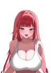  1girl :3 absurdres akane_lize arms_at_sides blush breasts cleavage colored_inner_hair commentary_request fang grey_eyes hair_intakes highres huge_breasts korean_commentary long_hair looking_at_viewer multicolored_hair open_mouth pha0273 red_hair shiny_skin simple_background solo sports_bra stellive straight_hair streaked_hair sweat upper_body virtual_youtuber white_background white_sports_bra 