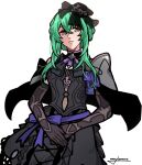  1girl armor breasts closed_mouth commentary crossed_bangs dress english_commentary fascinator fire_emblem fire_emblem:_fortune's_weave goth_fashion green_eyes green_hair hair_between_eyes hat highres long_hair long_sidelocks looking_at_viewer merylemons ninae_(fire_emblem) sidelocks simple_background small_breasts white_background 