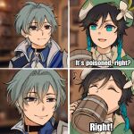  2boys androgynous aqua_eyes aqua_hair aqua_pupils armor beer_mug beret black_choker black_hair blue_eyes blue_jacket blue_shirt blurry blurry_background border braid cape choker closed_eyes closed_mouth collared_cape collared_shirt commentary covered_mouth crossed_bangs cup drinking earrings empty_eyes english_commentary english_text flower for_the_better_right?_(meme) genshin_impact gradient_hair green_cape green_hair green_hat hair_between_eyes hat hat_flower hat_ornament highres holding holding_cup indoors jacket jewelry lapels leaf_hat_ornament lohen_(genshin_impact) looking_at_another male_focus meme mole mole_under_eye mug multicolored_hair multiple_boys multiple_views musical_note open_clothes open_jacket open_mouth ponlypone purple_pupils shelf shirt short_hair shoulder_armor single_earring smile twin_braids two-sided_cape two-sided_fabric two-sided_jacket two-tone_hair venti_(genshin_impact) white_border white_flower white_jacket white_shirt yellow_cape 