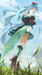 1girl animal_ears bare_shoulders black_shoes blue_hair blue_sky blue_tail blurry blush braid cloud cloudy_sky commentary_request crown_braid day depth_of_field ear_ornament frills from_behind from_below grass high_heels highres horse_ears horse_girl horse_racing_track horse_tail horseshoe juliet_sleeves kneepits long_hair long_sleeves looking_at_viewer looking_back mejiro_ardan_(crystalline)_(umamusume) mejiro_ardan_(umamusume) ningen_gokko open_mouth puffy_sleeves purple_eyes shoes skirt sky solo standing sweatdrop tail tail_through_clothes thighs umamusume upskirt white_skirt 
