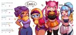  4girls :3 :d blue_hair brawl_stars breasts burger c_chuu commentary_request dark-skinned_female dark_skin eating english_text food glasses gloves heart highres holding holding_burger holding_food hood janet_(brawl_stars) korean_commentary korean_text large_breasts long_hair looking_at_viewer max_(brawl_stars) melodie_(brawl_stars) multiple_girls one_eye_closed pink_hair ponytail purple_hair shelly_(brawl_stars) skirt smile speech_bubble teeth thick_thighs thighs translation_request v 