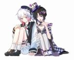  2girls @_@ bare_shoulders belt beret black_choker black_coat black_gloves black_hair black_hat black_kimono black_sandals black_shoes bow bukejie butterfly_hair_ornament butterfly_hat_ornament center_frills checkered_sleeves chest_sarashi choker coat collared_coat commentary_request flower flower-trimmed_shorts flower-trimmed_sleeves frilled_socks frills furisode gloves gradient_hair hair_flower hair_ornament hat hat_flower hat_ornament hat_ribbon highres holding_hands housho_margo interlocked_fingers japanese_clothes kimono lolita_fashion long_sleeves mahou_shoujo_no_majo_saiban mini_hat mini_top_hat multicolored_hair multiple_girls neck_ribbon o-ring o-ring_thigh_strap off_shoulder open_mouth parted_bangs pink_eyes pink_hair puffy_sleeves purple_eyes ribbon sakuraba_ema sandals sarashi shirt shoes short_hair simple_background sitting sleeveless sleeveless_coat smile socks thigh_strap top_hat wa_lolita white_background white_flower white_hair white_ribbon white_shirt white_sleeves white_socks wide_sleeves x_hair_ornament yuri 
