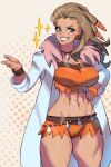  1girl abs absurdres bangle bracelet breasts cleavage coat commentary earrings english_commentary fingernails hair_slicked_back hand_on_own_hip hand_up highres jewelry lab_coat long_hair looking_at_viewer muscular muscular_female nail_polish narrow_waist necklace nose open_clothes open_coat orange_nails orange_shirt orange_shorts poke_ball pokemon pokemon_scarlet_and_violet professor_sada shirt shorts simple_background smile solo sparkle thick_thighs thighs tooth_necklace topsu upper_body 