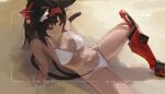  1girl alternate_costume animal_ear_fluff animal_ears arm_support barcode barcode_tattoo beach bikini black_hair breasts cat_ears cat_girl cat_tail chinese_commentary commentary_request dark-skinned_female dark_skin far_side forehead_tattoo highres leaning_back medium_breasts multiple_tails navel nekomata nekomiya_mana red_eyes sitting solo stomach sweat swimsuit tail tattoo two_tails viewfinder white_bikini zenless_zone_zero 