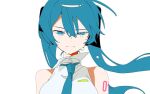  1girl blue_hair blue_necktie closed_mouth collar colored_eyebrows crying crying_with_eyes_open hatsune_miku headphones iceki_asumin long_hair looking_at_viewer necktie number_tattoo shirt sleeveless sleeveless_shirt solo tattoo tears upper_body vocaloid white_background white_shirt 