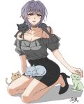  1girl absurdres animalization ave_mujica_(bang_dream!) bang_dream! bang_dream!_it's_mygo!!!!! black_shoes black_skirt breasts candy_yu cat cleavage collarbone commentary_request frilled_shirt frills grey_shirt highres kneeling medium_breasts misumi_uika off-shoulder_shirt off_shoulder open_mouth pink_eyes purple_hair shirt shoes simple_background skirt togawa_sakiko wakaba_mutsumi white_background yahata_umiri yuutenji_nyamu 