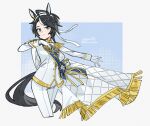  ahoge animal_ears black_hair blue_eyes blue_sash breasts cape closed_mouth coat commentary epaulettes fuji_kiseki_(blanche_etoile)_(umamusume) fuji_kiseki_(umamusume) gloves hair_between_eyes highres horse_ears horse_girl horse_tail jacket long_sleeves medium_breasts multicolored_hair official_alternate_costume pants saramiao-chan sash short_hair smile streaked_hair tail umamusume white_cape white_gloves white_jacket white_pants 