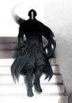  1boy black_boots black_coat black_gloves black_pants bondrewd boots coat commentary_request facing_viewer full_body gloves helm helmet highres knee_boots korean_commentary large_tail long_sleeves made_in_abyss male_focus monaka_(spes_2323) pants photo-referenced shade solo stairs tail walking 