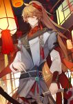  1boy absurdres blue_eyes bow_(weapon) chinese_commentary closed_mouth commentary_request cowboy_shot crossed_bangs earrings genshin_impact grey_jacket hair_ornament high_collar high_ponytail highres holding holding_bow_(weapon) holding_weapon jacket jewelry lantern light_particles long_hair looking_at_viewer male_focus mask mask_on_head orange_hair paper_lantern ponytail red_mask ring shirt single_earring solo standing tartaglia_(genshin_impact) tassel tassel_earrings very_long_hair weapon white_shirt xiaohen236 