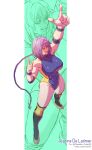  1girl arm_up bare_shoulders blue_leotard boots braid braided_ponytail breasts character_name commentary commission elbow_sleeve english_commentary from_above full_body hand_up highres index_finger_raised jeanne_de_latimer_hastings_(devastatednya) knee_boots large_breasts leotard long_hair open_mouth original purple_eyes purple_hair rejean_dubois single_braid solo thighs very_long_hair wrestling_outfit wristband yellow_leotard 