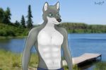  anthro blue_eyes canine dog fur grey_fur hazdak husky invalid_color invalid_tag lake male mammal summer topless walking wolf 