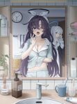  2girls absurdres bad_id bad_pixiv_id black_halo blue_archive blue_eyes blue_pajamas breasts cleavage clock commentary doumu_(31678316) hairband halo hand_under_clothes highres indoors long_hair mechanical_halo mirror multiple_girls navel noa_(blue_archive) noa_(pajamas)_(blue_archive) official_alternate_costume one_eye_closed pajamas purple_hair white_hair white_hairband white_halo yawning yuuka_(blue_archive) yuuka_(pajamas)_(blue_archive) 