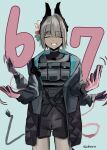  1girl 67_(meme) absurdres ammunition_belt arknights axledrawing bird_girl black_jacket black_shorts blue_background commentary cowboy_shot dark-skinned_female dark_skin electric_plug electric_plug_tail extra_arms facing_viewer gloves grey_hair grin highres jacket load-bearing_vest mechanical_arms mechanical_tail meme open_clothes open_jacket pink_gloves raidian_(arknights) rhodes_island_uniform short_hair shorts simple_background smile solo tail twitter_username two-sided_gloves untranslatable_commentary 