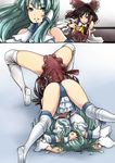  adapted_costume ascot ass bare_shoulders boots bow breasts brown_eyes brown_hair closed_eyes detached_sleeves german_suplex green_eyes green_hair hair_bow hair_tubes hakurei_reimu highres knee_boots kochiya_sanae large_breasts leotard long_hair long_sleeves multiple_girls open_mouth ryona sideboob spread_legs suplex sweat tobisawa touhou very_long_hair wide_sleeves wrestling wrestling_outfit 