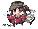  blush brown_eyes brown_hair character_name chibi fang japanese_clothes kantai_collection kariginu long_hair long_sleeves magatama onmyouji open_mouth ryuujou_(kantai_collection) scroll shikigami skirt smile solo take_tonbo translation_request twintails visor_cap 