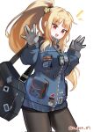  1girl birthday black_pantyhose blonde_hair blue_jacket commentary_request ezra_(project_moon) highres jacket korean_commentary limbus_company long_hair n_yun_07 open_mouth pantyhose ponytail project_moon red_eyes simple_background smile solo the_distortion_detective thighs white_background 