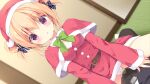  1boy 1girl belt blonde_hair blurry blush bow bowtie breasts brown_belt cameltoe capelet chestnut_mouth christmas detached_sleeves double_bun dress dutch_angle fur-trimmed_capelet fur-trimmed_dress fur-trimmed_headwear fur_trim game_asset girl_on_top green_bow green_bowtie hair_bun hat hetero hoshigaoka_ciel indoors koi_ni_kanmi_o_soete long_sleeves looking_at_viewer miyasaka_miyu miyasaka_naco open_mouth panties plaid_bow plaid_ribbon purple_eyes red_capelet red_dress ribbon santa_costume santa_dress santa_hat short_hair sitting small_breasts solo_focus straddling tatami underwear washitsu white_panties 