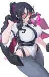  1girl black_gloves black_hair black_jacket black_necktie breasts closed_mouth collared_leotard covered_navel e.h._(junkyard_vanguard)_(nikke) e.h._(nikke) frown glasses gloves goddess_of_victory:_nikke grey_pants gun half_gloves handgun harness highleg highleg_leotard highres holding holding_unworn_clothes holding_unworn_jacket jacket large_breasts leotard leotard_under_pants long_hair looking_at_viewer necktie office_lady official_alternate_costume pants ponytail round_eyewear simple_background solo unworn_jacket weapon wg. white_background white_leotard 