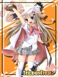  1girl :d animal_ears animal_hands animal_on_head arm_up bat_hair_ornament belka_(little_busters!) beret blue_eyes blush bow bowtie cape collared_shirt commentary_request dog dog_ears dog_on_head dog_tail dress_shirt drop_shadow eyes_visible_through_hair fangs floating_hair foot_out_of_frame gloves grey_hair grey_skirt hair_between_eyes hair_ornament halloween happy hat highres jack-o'-lantern jack-o'-lantern_hair_ornament kud_wafter little_busters! little_busters!_school_uniform long_hair looking_at_viewer miniskirt mizunoe_kotaru noumi_kudryavka on_head open_mouth orange_background paw_gloves paw_print pink_bow pink_bowtie pink_cape plaid_clothes plaid_skirt pleated_skirt school_uniform shiny_skin shirt short_sleeves sidelocks signature simple_background skirt smile solo standing standing_on_one_leg strelka_(little_busters!) tail thighhighs trick_or_treat two-sided_cape two-sided_fabric two-tone_background very_long_hair white_background white_cape white_hat white_shirt white_thighhighs zettai_ryouiki 