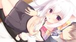  1boy 1girl :o animal_ears black_skirt blush bow bow_bra bra bra_lift breasts brown_hair cat_ears clothes_lift collared_shirt dutch_angle faceless faceless_male game_asset grabbing_another's_breast groping hair_between_eyes hair_bow hetero inae_koron indoors koi_ni_kanmi_o_soete long_hair long_sleeves miyasaka_miyu miyasaka_naco navel neck_ribbon nipples open_mouth pants parted_lips pink_bra pleated_skirt red_eyes ribbon shirt shirt_lift sitting sitting_on_lap sitting_on_person skirt small_breasts underwear white_bra white_hair white_shirt yellow_bow 