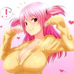  1girl arms_up blush breasts cardigan cleavage gradient gradient_background heart highres large_breasts long_hair no_bra original pink_hair red_eyes simple_background smile solo spoken_exclamation_mark sweater two_side_up watarui 