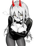  1girl absurdres alternate_breast_size_(larger) black_bow black_bowtie black_pantyhose blush bow bowtie breasts chainsaw_man cleavage cowboy_shot crossed_arms crosshair_pupils demon_horns detached_collar hair_between_eyes highres horns leaning_forward leotard light_blush long_hair medium_breasts monochrome mothdropcrowla pantyhose partially_colored playboy_bunny pout power_(chainsaw_man) sidelocks solo thigh_gap thighs twitter_username upper_body yellow_eyes 
