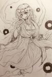  1girl alternate_hairstyle bangle barefoot bracelet breasts closed_mouth commentary_request danmaku dress efukei hagoromo hair_ornament hair_stick highres jewelry kaku_seiga large_breasts long_hair looking_at_viewer necklace ofuda shawl smile solo touhou traditional_media 