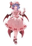  1girl ascot bat_wings closed_mouth frilled_cuffs frilled_hat frilled_shirt frilled_skirt frills hair_between_eyes hands_up hat hat_ribbon highres mob_cap nymphus pink_shirt pink_skirt puffy_short_sleeves puffy_sleeves red_ascot red_eyes red_ribbon red_shoes remilia_scarlet ribbon shirt shoes short_sleeves simple_background skirt smile solo touhou white_background wings wrist_cuffs 