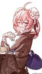  1girl absurdres ahoge alternate_costume artist_name bandaged_arm bandages blush brown_kimono bun_cover commentary_request dated double_bun from_side hair_between_eyes hair_bun highres ibaraki_kasen japanese_clothes kimono long_sleeves looking_at_viewer masu medium_hair obi one-hour_drawing_challenge open_mouth pink_hair purple_sash red_eyes sash simple_background smile solo touhou ve1024 white_background wide_sleeves 
