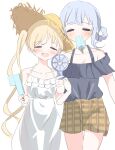  2girls absurdres alternate_costume bare_shoulders blonde_hair blue_hair braid braided_hair_rings closed_mouth collarbone commentary_request dress food food_in_mouth frilled_dress frilled_shirt frills hair_rings hand_fan handheld_electric_fan highres holding holding_fan holding_food holding_popsicle long_hair mahou_shoujo_no_majo_saiban march_23th multiple_girls off-shoulder_shirt off_shoulder open_mouth pants plaid_clothes plaid_pants popsicle popsicle_in_mouth shirt short_hair simple_background sleeveless sleeveless_dress sundress tachibana_sherry tono_hanna twintails white_background 