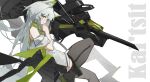  1girl :o absurdres animal_ear_fluff animal_ears arknights bare_shoulders black_shoes black_thighhighs cat_ears cat_girl character_name chi_chi_(lofter_2016543390) chinese_commentary commentary dress foot_out_of_frame from_side green_eyes grey_hair highres kal'tsit_(arknights) kal'tsit_esperanta_(arknights) long_hair looking_at_viewer looking_to_the_side off_shoulder open_mouth see-through_clothes see-through_footwear shoes short_dress shorts_under_dress solo thighhighs very_long_hair white_background white_dress white_hair zettai_ryouiki 
