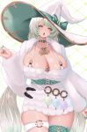  1girl breasts collarbone dress green_hair green_nails grey_hair hat highres huge_breasts jewelry long_hair long_sleeves multicolored_hair necklace o-ring o-ring_thigh_strap open_mouth original pink_eyes solo streaked_hair thigh_strap uzyou_(momotk1109) white_dress white_hat witch_hat 