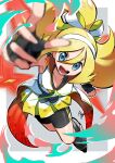  1girl :d arm_up ayo_(ayosanri009) bike_shorts black_boots black_gloves blue_eyes blurry boots breasts cleavage clenched_hand commentary dress fingerless_gloves gloves hair_between_eyes hairband happy highres korrina_(arc_suit)_(pokemon) korrina_(pokemon) official_alternate_costume open_mouth pokemon pokemon_masters_ex signature sleeveless sleeveless_dress smile solo teeth white_hairband 