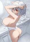  1girl :/ absurdres adjusting_hair armpits arms_behind_head arms_up ass azur_lane back bandeau bathroom blurry blurry_background bottomless breasts classic_(zildjian33) cleavage closed_mouth commentary_request faucet feet_out_of_frame from_side grey_hair hair_between_eyes highres indoors large_breasts looking_at_viewer mirror official_alternate_costume official_alternate_hairstyle paid_reward_available red_eyes short_hair sideboob sink sirius_(alba_sirius)_(azur_lane) sirius_(azur_lane) skindentation solo standing strapless thighs white_bandeau 