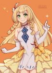  1girl bare_shoulders blonde_hair blush braid breasts closed_mouth dress elbow_gloves gloves green_eyes hairband lillie_(anniversary_2024)_(pokemon) lillie_(pokemon) long_hair looking_at_viewer official_alternate_costume pokemon pokemon_masters_ex sleeveless sleeveless_dress small_breasts smile solo symoca twin_braids white_dress white_gloves white_hairband 