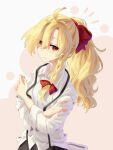  1girl absurdres alternate_costume alternate_hairstyle back_bow blonde_hair bow braid closed_mouth collared_shirt commentary english_commentary eyes_visible_through_hair hair_bow highres kirisame_marisa long_hair looking_at_viewer neat_ad4816 pink_nails ponytail red_bow red_eyes shirt side_braid single_braid smile socks solo touhou white_bow white_socks 