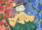  1girl absurdres artist_name black_hat blue_background blue_flower blue_petals blue_rose bow breasts buttons closed_mouth commentary_request contrast_collar cowboy_shot diamond_button disembodied_linked_eye dot_nose eyeball falling_petals floral_print flower frilled_shirt_collar frilled_sleeves frills gradient_background green_eyes green_hair green_skirt hat hat_bow hat_ribbon heart heart_of_string highres komeiji_koishi long_sleeves looking_at_viewer medium_breasts medium_hair naomi-chan petals red_background red_flower red_petals red_rose ribbon rose rose_petals rose_print shirt signature simple_background skirt sleeves_past_fingers sleeves_past_wrists smile solo touhou wide_sleeves yellow_bow yellow_ribbon yellow_shirt 