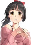  bad_id bad_pixiv_id black_hair bow brown_eyes fingers_together hair_bow long_hair original ponytail solo sweater upper_body yoropa 
